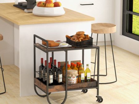 Rolling Buffet Serving Cart with Removable Metal Wire Wine Rack-Brown Hot on Sale