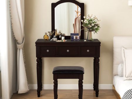 Makeup Vanity Table and Stool Set with Detachable Mirror and 3 Drawers Storage-Walnut Online Hot Sale