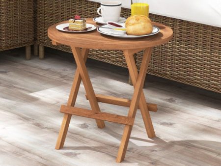 Round Patio Folding Coffee Table Teak Wood with Slatted Tabletop Sale