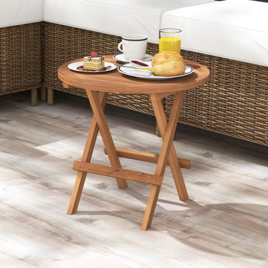 Round Patio Folding Coffee Table Teak Wood with Slatted Tabletop Sale