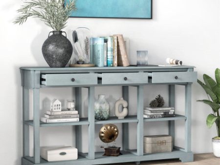 58  Retro Console Table with 3 Drawers and Open Shelves Rectangular Entryway Table-Blue Supply