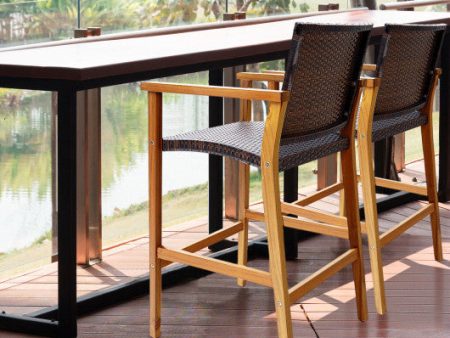 Set of 2 PE Wicker Patio Bar Chairs with Acacia Wood Armrests-Set of 2 Cheap