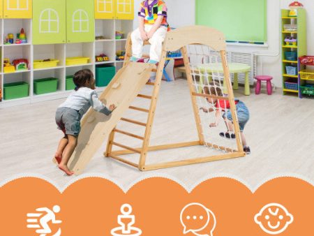 6-in-1 Jungle Gym Wooden Indoor Playground with Double-Sided Ramp and Monkey Bars-Natural Sale