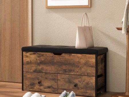 Storage Ottoman Bench with Padded Seat Cushion and 2 Drawers for Entryway-Brown For Sale