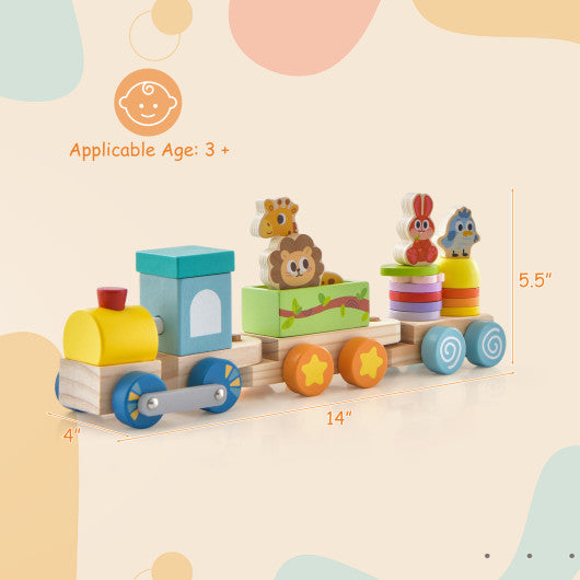 Wooden Stackable Educational Train Set with Colorful Animal Toys and Retractable Locomotive For Cheap