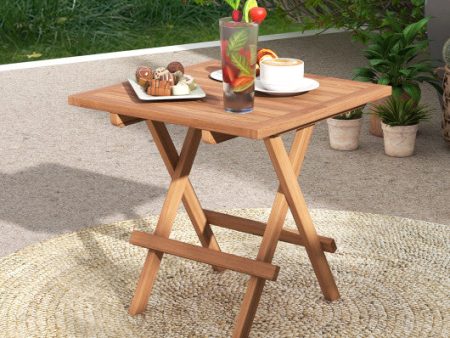 Square Patio Folding Table Teak Wood with Slatted Tabletop Portable for Picnic Cheap