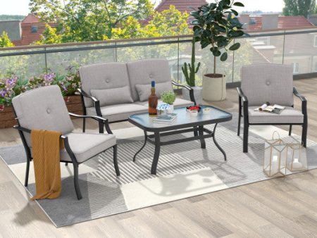 4 Pieces Outdoor Conversation Set with Seat Back Cushions and Waist Pillows-Gray Fashion