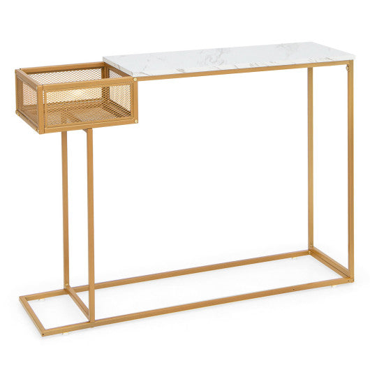 Rectangular White Faux Marble Console Table with Storage-Gold Sale