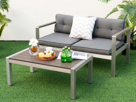 Modern Rectangular Patio Coffee Table with Plastic Wood Tabletop and Rustproof Aluminum Frame-Gray Hot on Sale