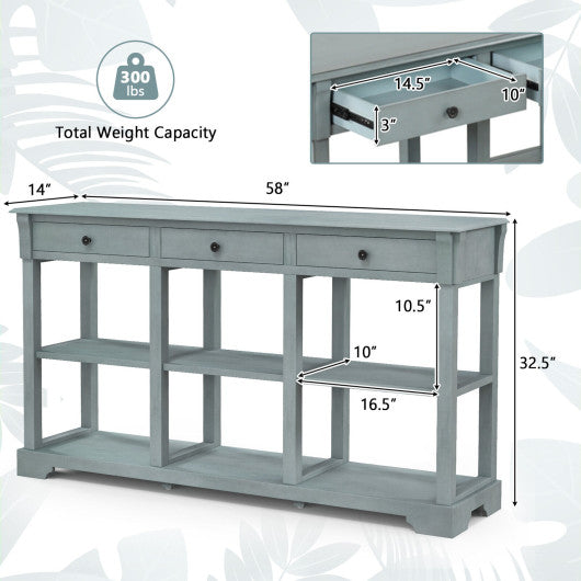 58  Retro Console Table with 3 Drawers and Open Shelves Rectangular Entryway Table-Blue Supply