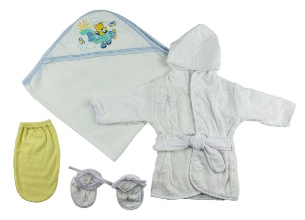 Boys Infant Robe, Hooded Towel and Washcloth Mitt - 3 pc Set Supply