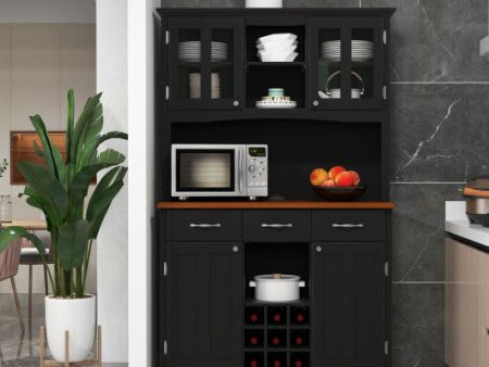 Kitchen Storage Cabinet Cupboard with Wine Rack and Drawers-Black For Discount