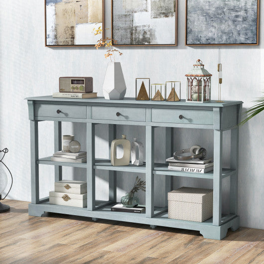 58  Retro Console Table with 3 Drawers and Open Shelves Rectangular Entryway Table-Blue Supply