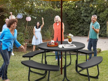 8-Person Outdoor Picnic Table and Bench Set with Umbrella Hole-Black For Discount