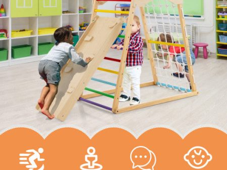 6-in-1 Jungle Gym Wooden Indoor Playground with Double-Sided Ramp and Monkey Bars-Multicolor Hot on Sale