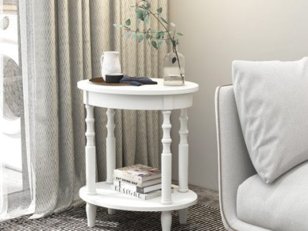 2-Tier Oval Side Table with Storage Shelf and Solid Wood Legs-White Sale