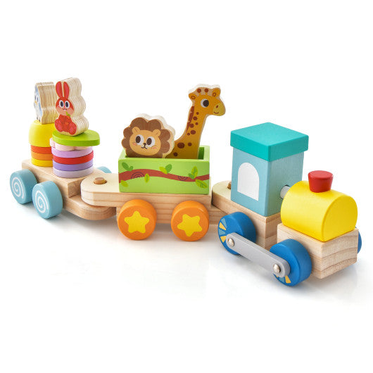 Wooden Stackable Educational Train Set with Colorful Animal Toys and Retractable Locomotive For Cheap