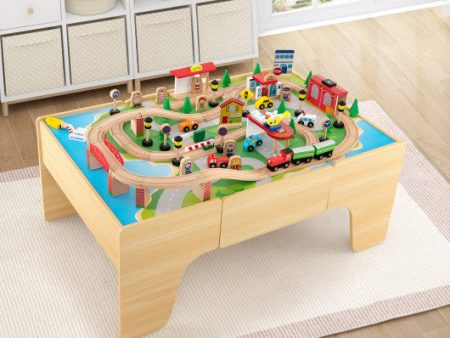 84-Piece Wooden Train Set with Reversible and Detachable Tabletop Online Sale