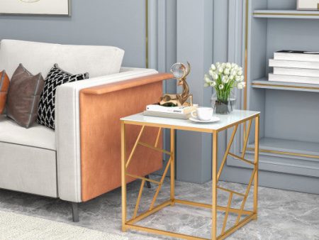 Square End Table with Tempered Glass Tabletop and Gold Finish Geometric Frame-Golden For Discount