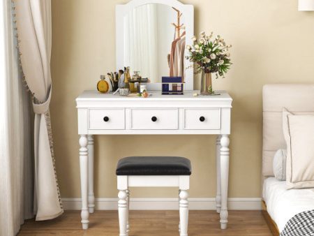 Makeup Vanity Table and Stool Set with Detachable Mirror and 3 Drawers Storage-White Online now