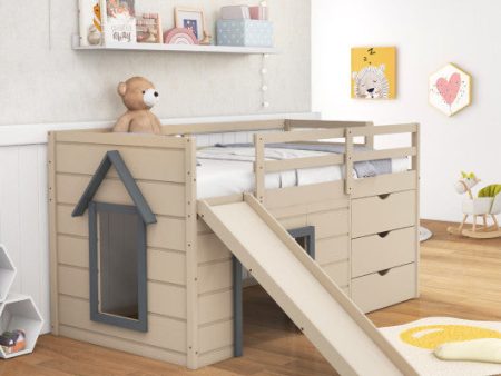 3-In-1 Twin Loft Bed with Slide Ladder Drawers for Kids Teens-Beige Fashion