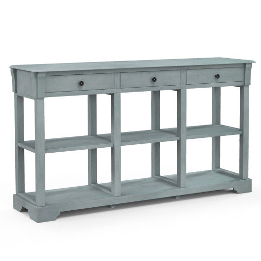 58  Retro Console Table with 3 Drawers and Open Shelves Rectangular Entryway Table-Blue Supply