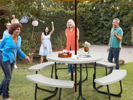 8-Person Outdoor Picnic Table and Bench Set with Umbrella Hole-White For Sale