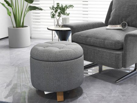 Upholstered Round Ottoman with Solid Rubber Feet-Gray For Sale