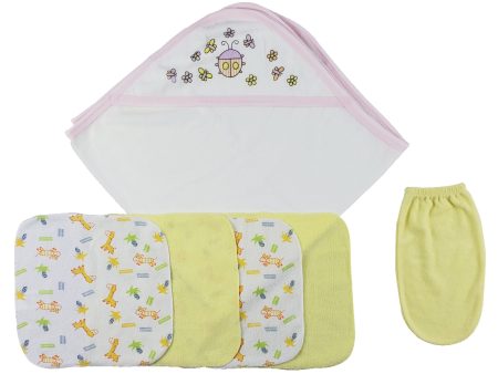 Pink Hooded Towel, Washcloths and Hand Washcloth Mitt - 6 pc Set For Discount