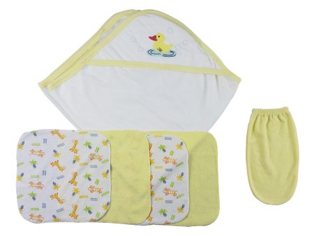 Yellow Hooded Towel, Washcloths and Hand Washcloth Mitt - 6 pc Set Supply