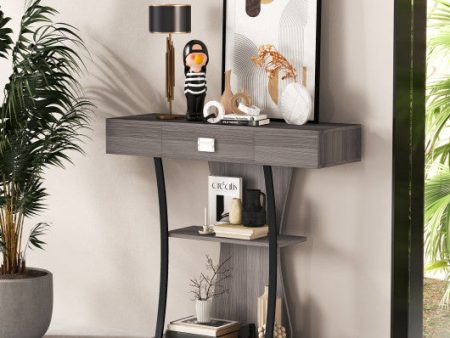 Console Table with Drawer and 2-Tier Shelves for Entryway Living Room-Gray on Sale