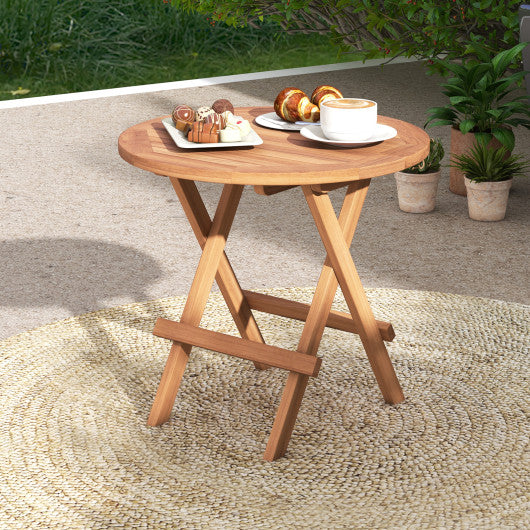 Round Patio Folding Coffee Table Teak Wood with Slatted Tabletop Sale