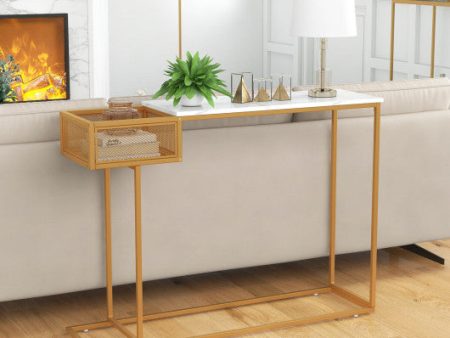 Rectangular White Faux Marble Console Table with Storage-Gold Sale