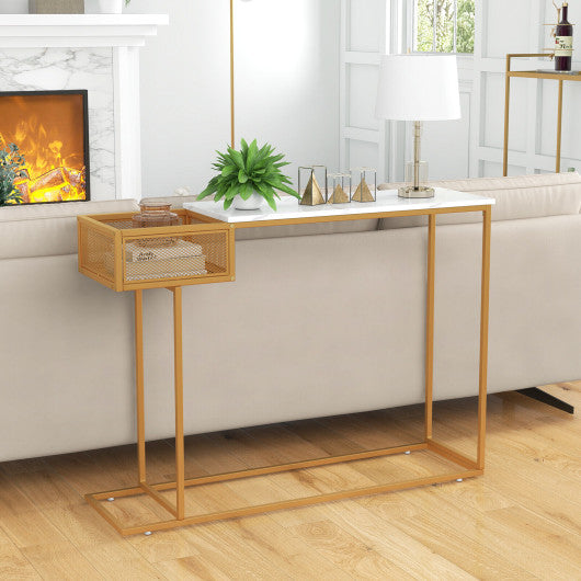 Rectangular White Faux Marble Console Table with Storage-Gold Sale