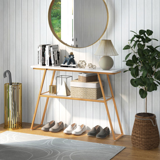 Console Table with Open Shelf Gold Metal Frame Living Room Hallway-White Fashion